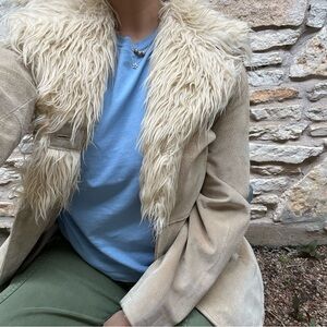 Vintage Blue Asphalt Suede Faux Fur Trim Boho Jacket Short Coat Medium